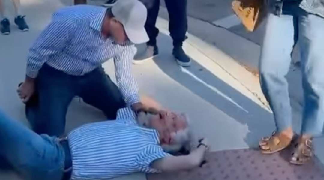 An image of the incident where a man was allegedly struck in the head with a megaphone near Los Angeles, Nov. 5, 2023. (Screenshot)